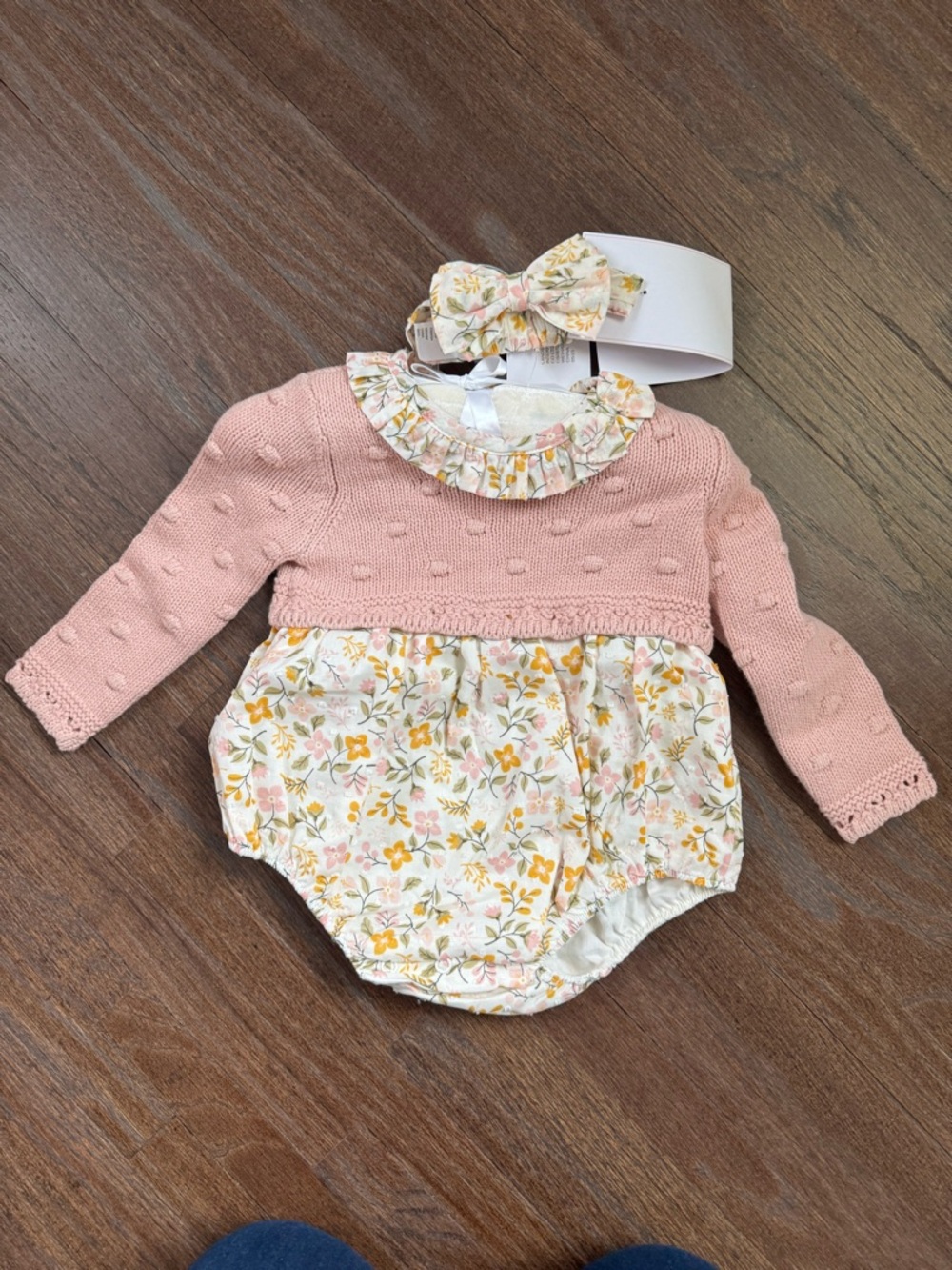 Shabby Chic Pink Knit & Floral Bubble Romper with Matching Bow Headband